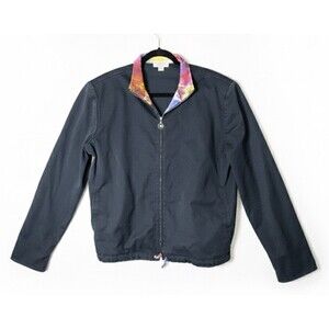 St. John Sport Jacket Zip Drawstring Black w Multi-color Abstract Made In USA XL